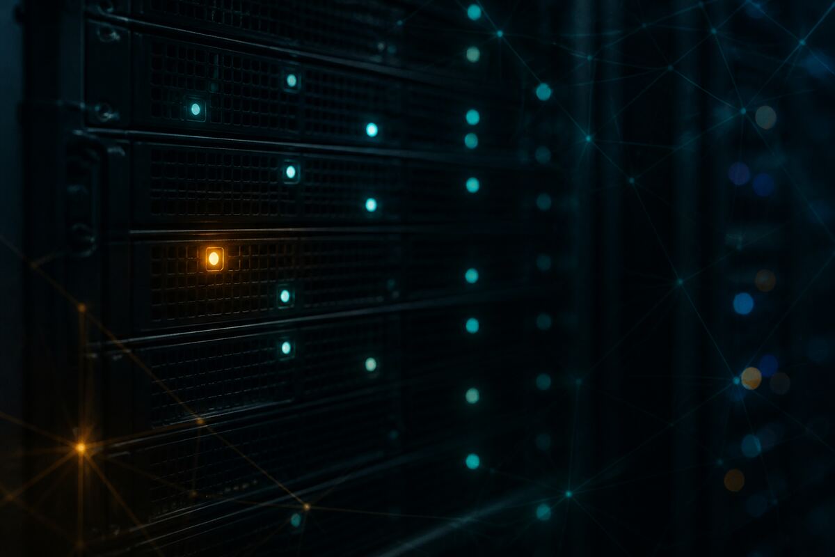 Server rack in low light with a single amber warning LED.