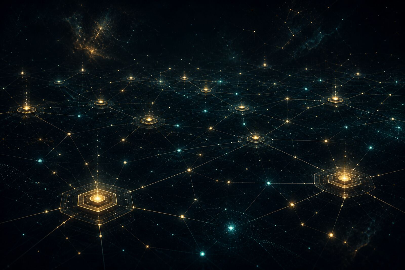Abstract mesh of connected relay nodes on a dark field.